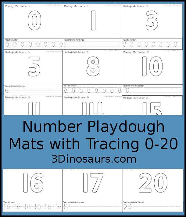 Free Number Playdough Mats 0 to 20 - has two number playdough mats for each number. You have the number playdough and then tracing or writing for the number - 3Dinosaurs.com