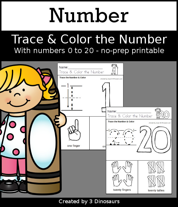 Number Trace and Color with Tally Marks and Finger Counting - with numbers from 0 to 20 with counting and tracing and coloring - 3Dinosaurs.com