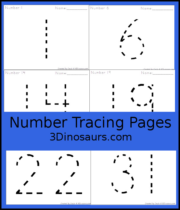 Free Handwriting: Number Tracing pages with numbers 1 to 31 - 3Dinosaurs.com  #3dinosaurs #kindergarten #prek #numbers #freeprintable