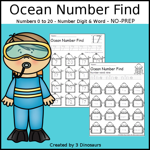 Ocean Number Find  - easy to use no-prep printable numbers 0 to 20 $ - 3Dinosaurs.com