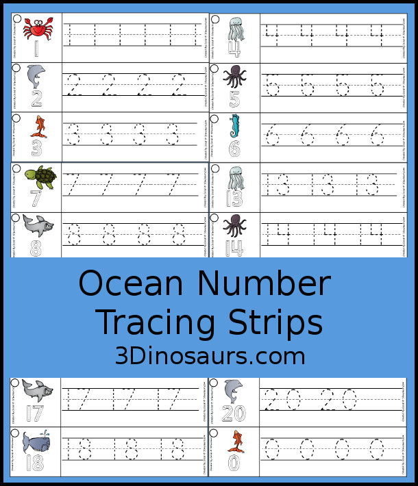Free Ocean Themed Number Tracing Strips  Printable - with numbers 0 to 20. With ocean animal themes and examples of how to trace the numbers and numbers to trace. Plus fun ocean animals on each strip. - 3Dinosaurs.com