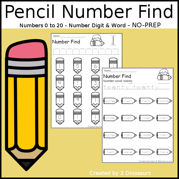 Pencil Number Find: Numbers 0 to 20 - you have numerical numbers and number words for kids to trace the number and then find the numbers on the pencils- 3Dinosaurs.com