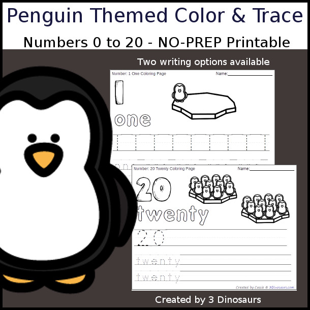 No-Prep Penguin Themed Number Color and Trace - easy no-prep printables with a fun Penguin on ice theme 44 pages with two options for the numbers tracing or writing $ - 3Dinosaurs.com #noprepprintable #penguinprintables #numbersforkids
