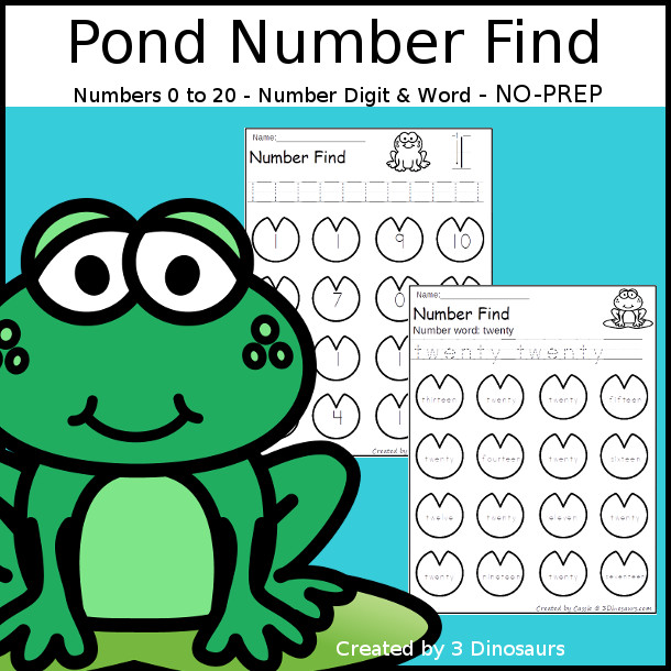 Pond Number Find Printable - with numbers from 0 to 20 with numerical number and number word to trace and find with a fun frog and lily pad theme- 3Dinosaurs.com