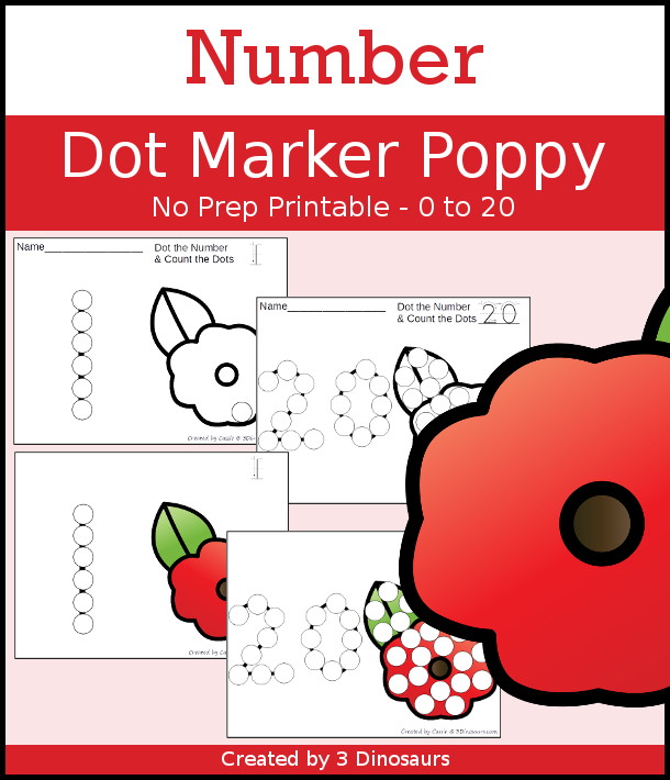 Poppy Dot the Number & Count the Dots - numbers 0 to 20 with dot marker activities for kids to work on numbers and counting - 3Dinosaurs.com