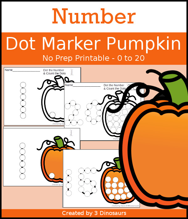 Pumpkin Dot the Number & Count the Dots - numbers 0 to 20 with dot marker activities for kids to work on numbers and counting - 3Dinosaurs.com