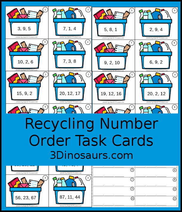 Free Recycling Themed Number Order Task Cards - 3 levels of learning with 3 sets of task card and worksheet to have kids put the numbers in order - 3Dinosaurs.com