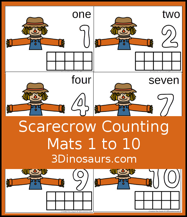 Free Scarecrow Counting Mats 1 to 10 - with ten counting mats - you have one mat for each number to work on one at at time with ten frames, counting area, and playdough number. - 3Dinosaurs.com