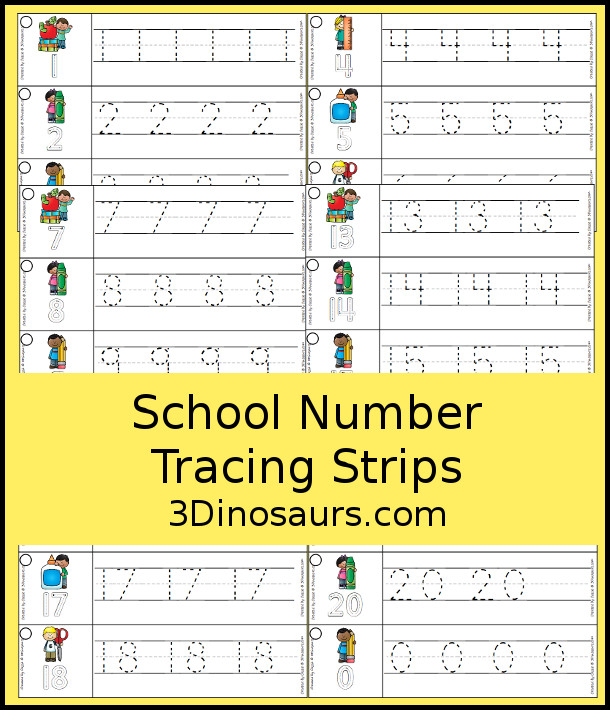Free School Themed Number Tracing Strips - with numbers 0 to 20 with number tracing examples and numbers to trace.  - 3Dinosaurs.com