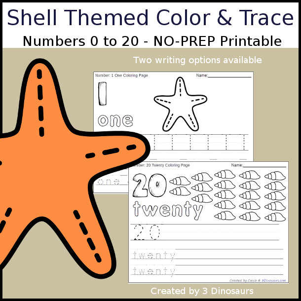 No-Prep Shell Themed Number Color and Trace - easy no-prep printables with a fun shell shape theme 44 pages with two options for the numbers tracing or writing $ - 3Dinosaurs.com #noprepprintable #summerprintables #numbersforkids