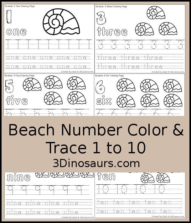 Free Shell Themed Number Color & Trace - Numbers 1 to 10 with a number to color, shells to count and color and three lines of tracing numbers - 3Dinosaurs.com
