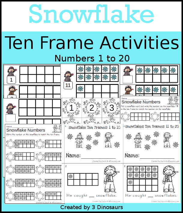 Snowflake Themed Ten Frame Set: 4 sets of number cards, hands-on and no prep printables, 2 easy reader books with numbers 1 to 20 $ - 3Dinosaurs.com  #handsonmath #teacherspayteachers #tenframe #winterprintablesforkids #printablesforkids