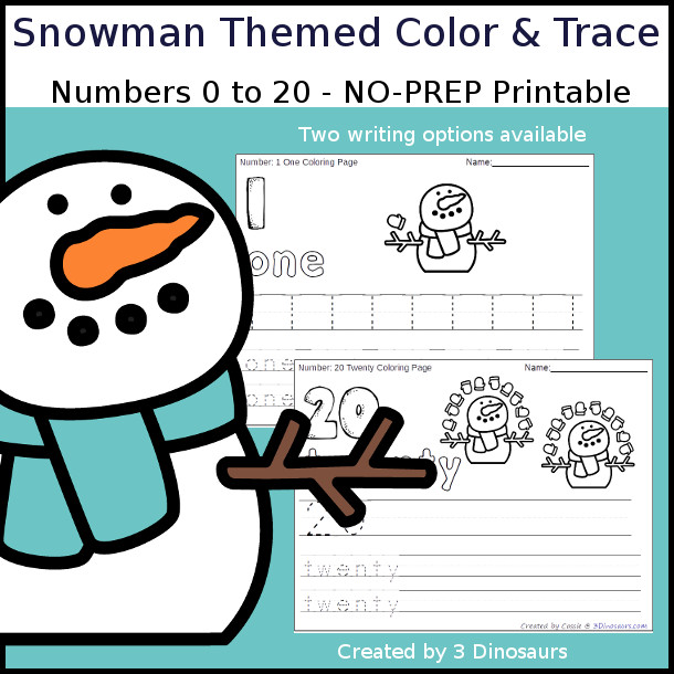 No-Prep Snowman Themed Number Color and Trace - easy no-prep printables with a fun snowman and mittens theme 44 pages with two options for the numbers tracing or writing $ - 3Dinosaurs.com #noprepprintable #snowmanprintables #numbersforkids