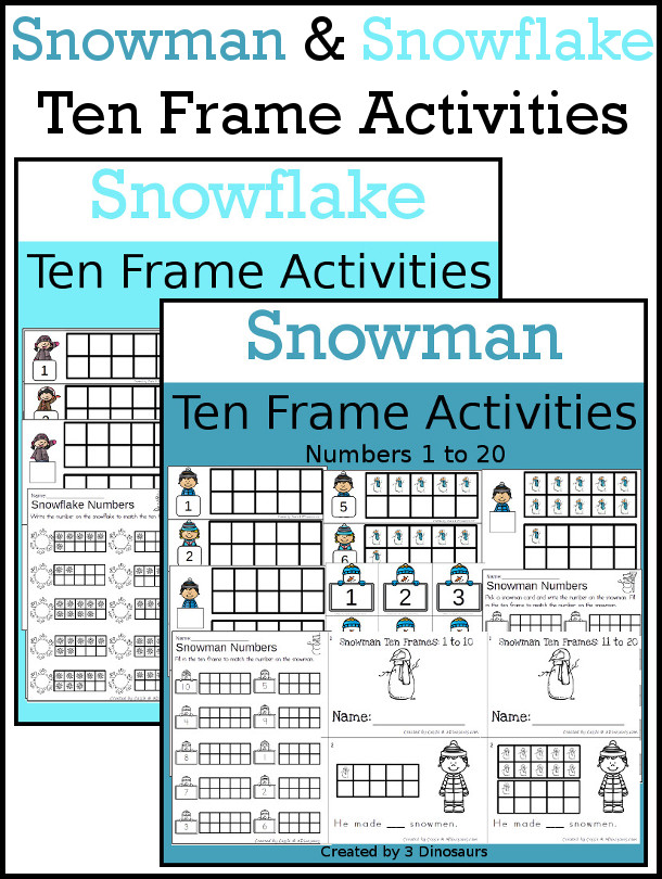Snowman and Snowflake Themed Ten Frame Set: 4 sets of number cards, hands-on and no prep printables, 2 easy reader books with numbers 1 to 20 $ - 3Dinosaurs.com  #handsonmath #teacherspayteachers #tenframe #winterprintablesforkids #printablesforkids