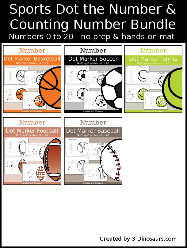Sports Number Dot Marker & Counting Bundle - numbers 0 to 20 with dot marker activities for kids to work on numbers and counting  with 5 fun themes: baseball, basketball, football, soccer, tennis - 3Dinosaurs.com