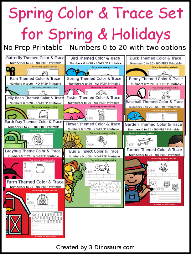 No-Prep Spring Number Color and Trace Bundle - easy no-prep printables with a fun spring themes 528 pages with two options for the numbers tracing or writing $ - 3Dinosaurs.com #noprepprintable  #springprintables  #numbersforkids