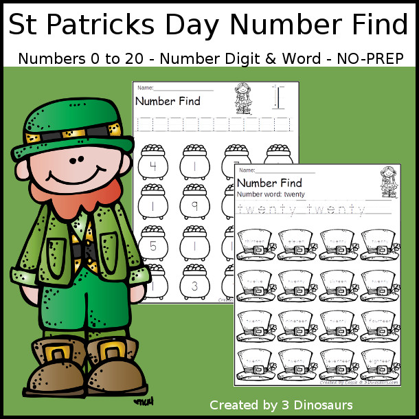 St Patrick's Day Number Find - with numerical number and number word for kids to work on tracing and finding with 43 pages of printables - 3Dinosaurs.com