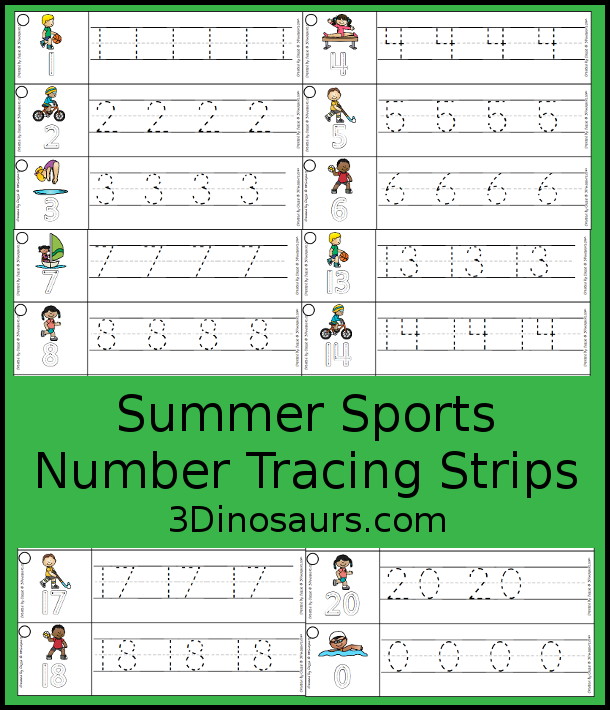 Free Summer Sports Number Tracing Strips - with numbers 0 to 20. You can tracing the numbers and an example of how to trace the numbers on the strips, plus an different summer sports  on each tracing strip. - 3Dinosaurs.com/></div>
<p><strong></p>
<div align=