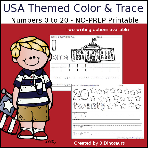 No-Prep USA Themed Number Color and Trace - easy no-prep printables with a fun 4th of July or Flag Day theme 44 pages with two options for the nubmers tracing or writing $ - 3Dinosaurs.com