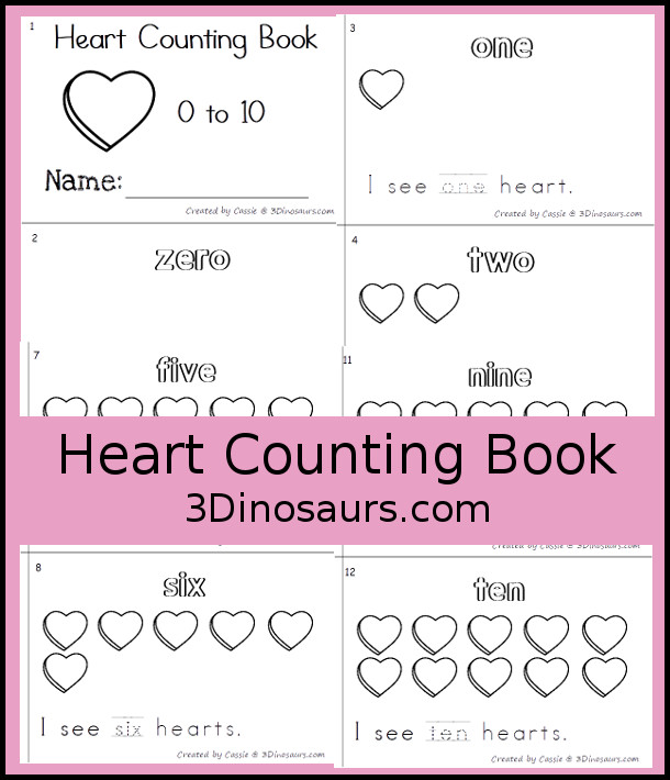 Free Heart Number Word Counting Book Printable - with numbers from - to 10 for tracing, coloring and counting hearts - 3Dinosaurs.com