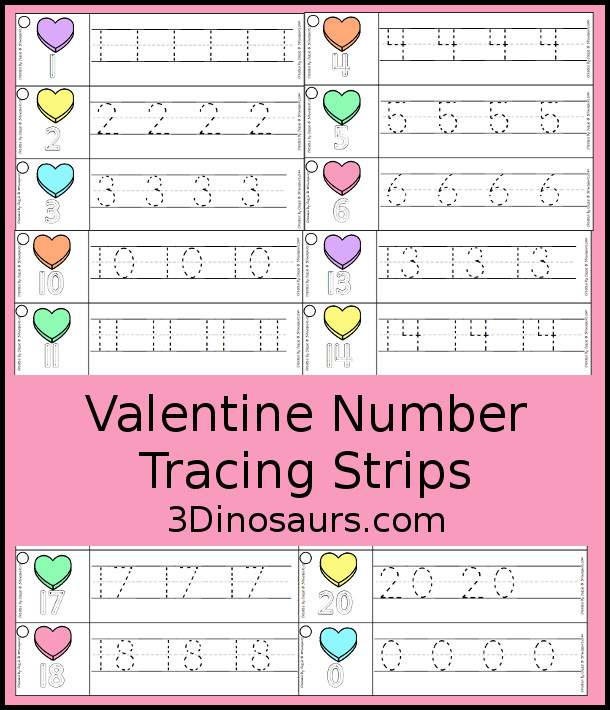 Free Heart Theme Number Tracing Strips - with numbers 1 to 20 - 3Dinosaurs.com