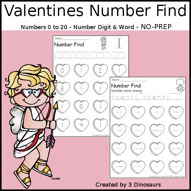 Valentine Number Find - with numbers from 0 to 20 with number words and number digit for kids to trace and then find on the hearts. - 3Dinosaurs.com