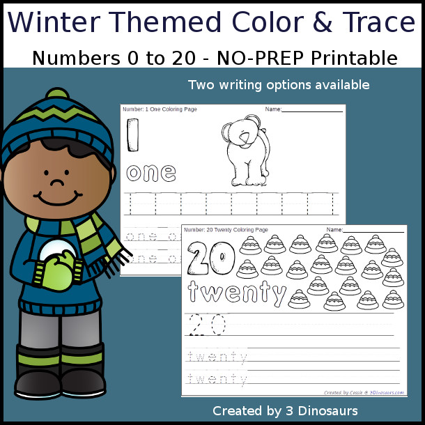 No-Prep Winter Themed Number Color and Trace - easy no-prep printables with a fun general winter theme 44 pages with two options for the numbers tracing or writing $ - 3Dinosaurs.com #noprepprintable #winterprintables #numbersforkids
