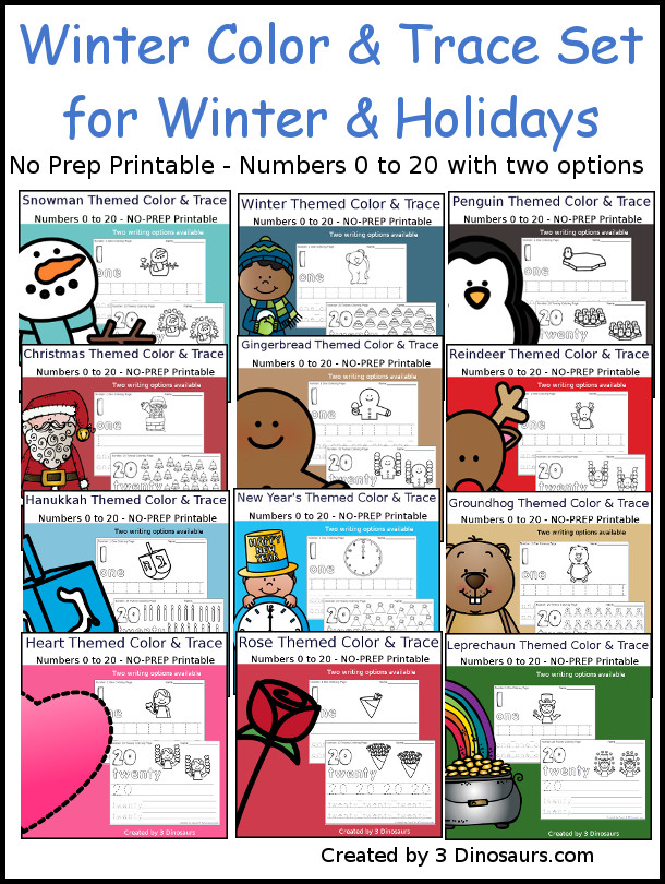 No-Prep Winter Number Color and Trace Bundle - easy no-prep printables with a fun winter themes 396 pages with two options for the numbers tracing or writing $ - 3Dinosaurs.com #noprepprintable #winterprintables #valentinesprintables #christmasprintables #numbersforkids