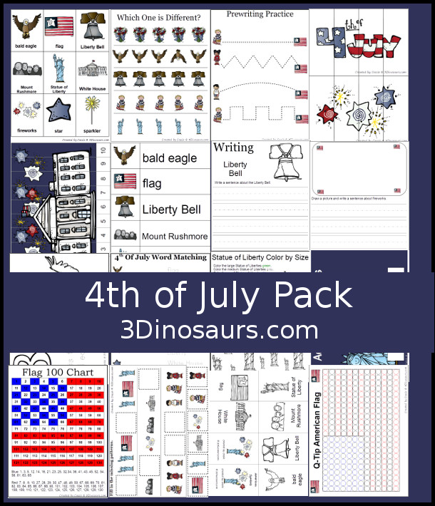 Free 4th of July Pack - a prek and kindergarten themed pack with fourth of July writing, Fourth of July Words, tracing letters, prewriting, patterns, shadow matching and more - 3Dionsaurs.com 