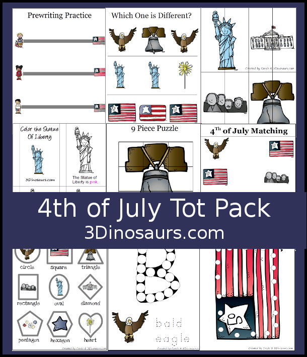 Free 4th of July Tot Pack - a great tot and preschool age pack with prewriting, matching, 2 piece puzzles, color book, dot marker letters and more - 3Dinosaurs.com 