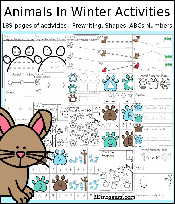 Animals in Winter Activities Pack with Prewriting, Shapes, ABCs, and Numbers - 191 pages of activities with no-prep pages, clip cards and tracing strips to help with learning skills. A great addition to any animal in winter theme you do. - 3Dinosaurs.com
