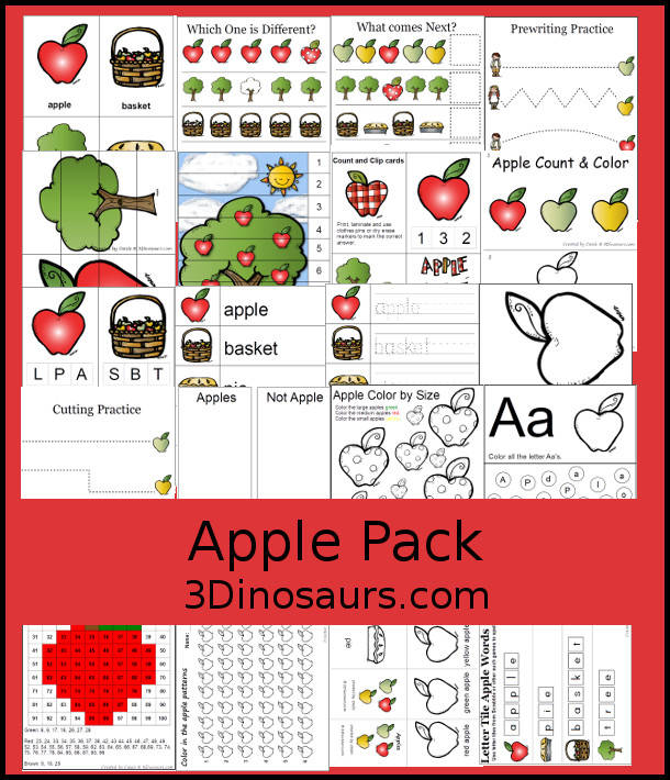 Apple Activities Pack  for Prek & Kindergarten- a fun printable pack with apples themes with 3 part cards, clip cards, numbers, apple worksheets, apple hands on activities- 3Dinosaurs.com