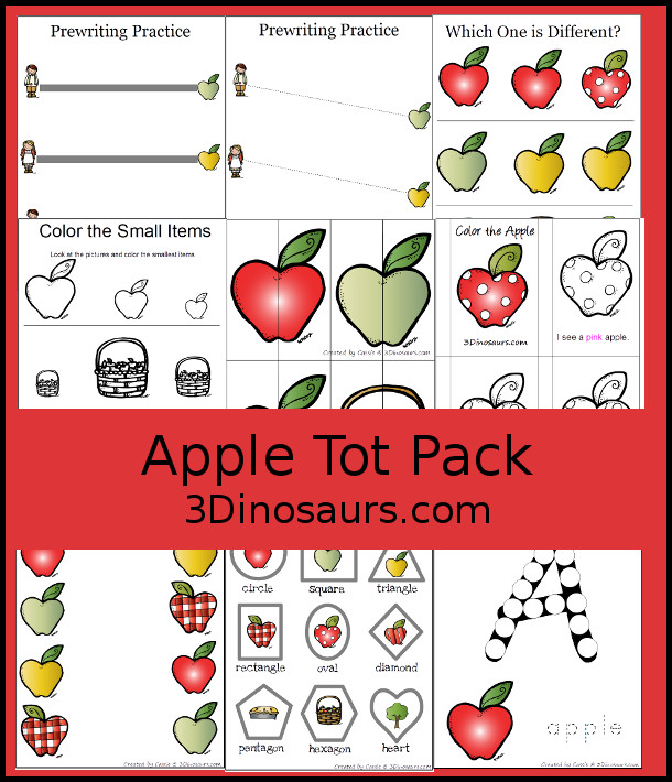 Free Apple Tot Pack - It has apple printales for preschool and tot. The tot pack is a printable pack for apples with prewriting, color the apple book, matching cards, two piece puzzles, lacing cards, dot marker letters and more - 3Dinosaurs.com