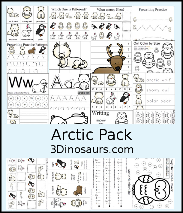 Free Arctic Pack - over 45 pages of activities with prewriting, matching, 3 part cards, tracing, writing, clip cards and more - 3Dinosaurs.com