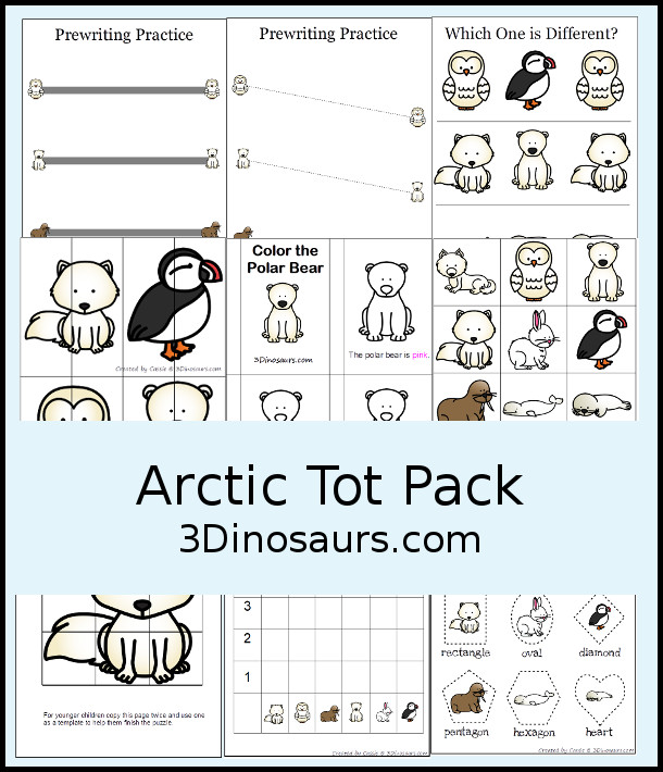 Free Arctic Tot Pack - with 24 pages of activities with prewriting, matching, color the polar bear book, tracing shapes, roll and graph and more - 3Dinosaurs.com