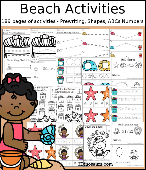 Beach Activities Pack with Prewriting, Shapes, ABCs, and Numbers - 191 pages of activities with no-prep pages, clip cards and tracing strips to help with learning skills. Plus has a cute beach & shells theme - 3Dinosaurs.com