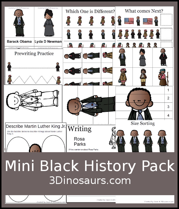 Free Mini Black History Month Pack with over 30 pages of activities for kids preschool to first grade - writing, matching, vocab for people, prewriting and more - 3Dinosaurs.com