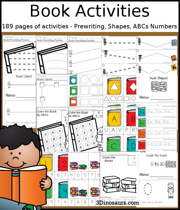 Book Activities Pack with Prewriting, Shapes, ABCs, and Numbers - 191 pages of activities with no-prep pages, clip cards and tracing strips to help with learning skills. A great addition to any school or back to school theme you do. - 3Dinosaurs.com