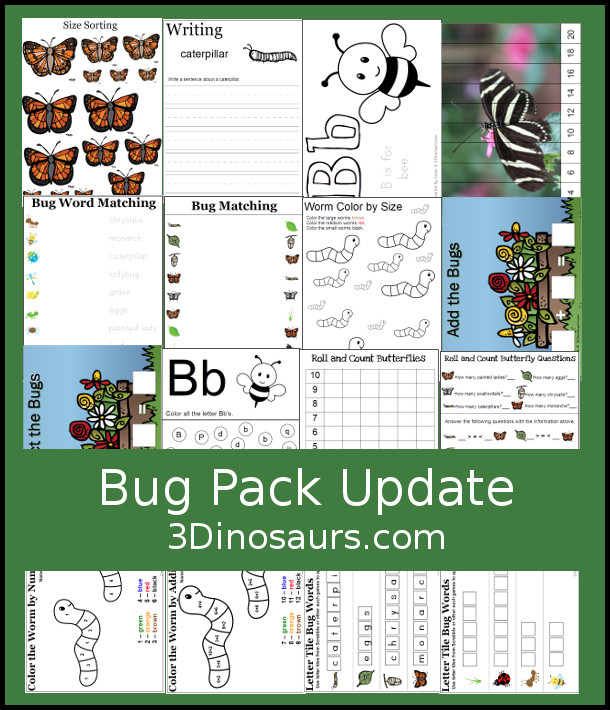 Free Bug Printable Pack Update - with over 40 pages added to the Bug Pack with math, skip counting puzzles worksheets and more. This bug pack update has great kindergarten and first grade math and language activities - 3Dinosaurs.com