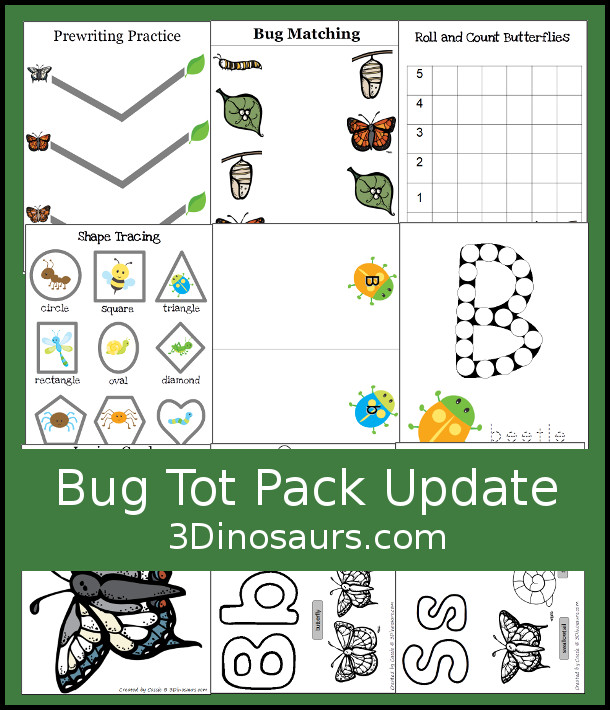 Free Bug Printable Tot Pack Update - with 24 pages added to the Bug Pack with more prewriting, matching, roll and count, sorting letters B & W, and letter B and S coloring pages - 3Dinosaurs.com