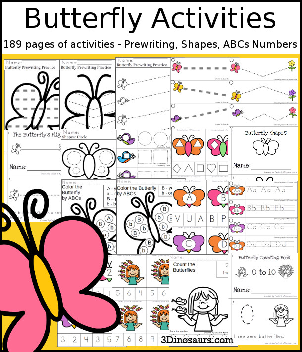Butterfly Activities Pack with Prewriting, Shapes, ABCs, and Numbers - 191 pages of activities with no-prep pages, clip cards and tracing strips to help with learning skills. Plus has a cute butterfly theme - 3Dinosaurs.com