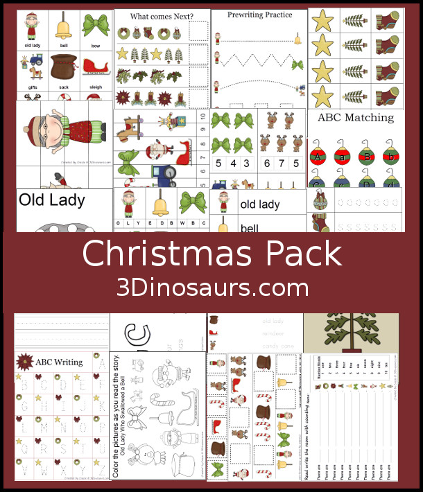 Free Christmas Pack - over 115 pages of printables with puzzles, cards, hands-on activities, no-prep pages and more 3Dinosaurs.com