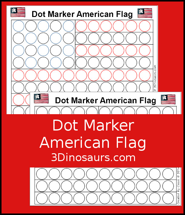 Free Dot Marker American Flag Printable with two version of the printable. You have a flag in color and a flag in black and white  - 3Dinosaurs.com