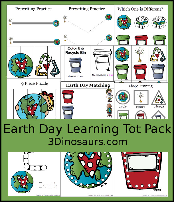 Free Earth Day Learning Tot Pack - a fun printable pack with over 33 pages of printables for kids from tot to preschool. You have a mix of hands-on and low prep printables to use for Earth Day - 3Dinosaurs.com