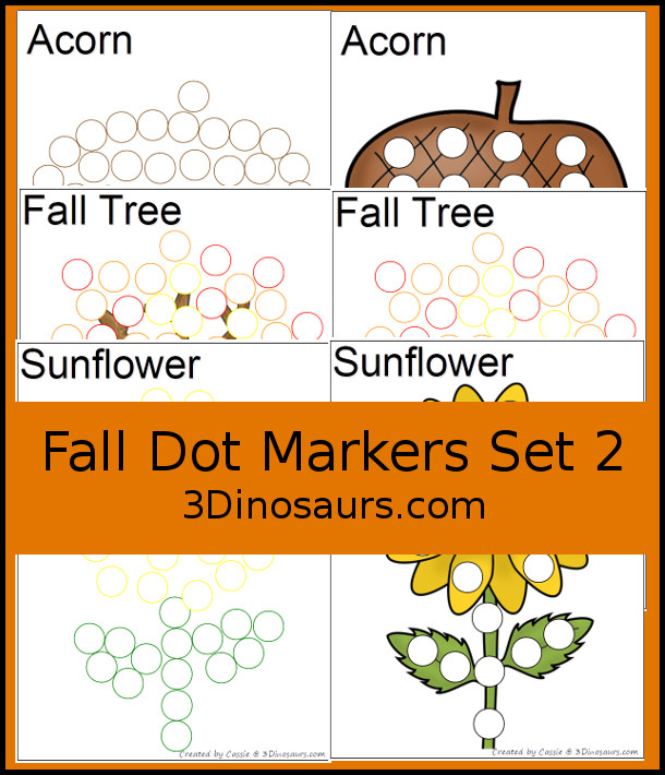 Free Fall Dot Marker Printables: with fall tree, sunflower, and acorn in two different types of dot markers - 3Dinosaurs.com
