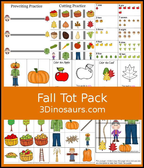 FREE Fall Tot Pack - for toddlers and preschool age kids with 26 pages of activities. It goes with the book There was An Old Lady Who Swallowed Some Leaves. You will find a mix of hands-on and low-prep activities. - 3Dinosaurs.com
