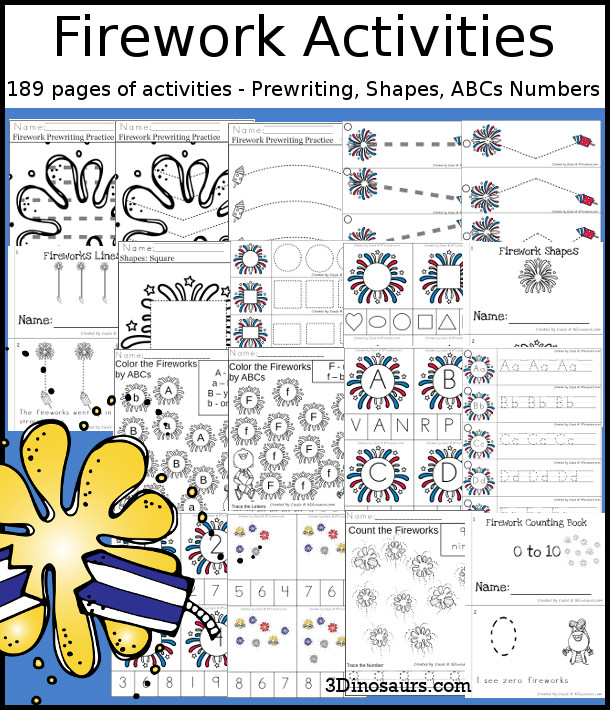 Firework Activities Pack with Prewriting, Shapes, ABCs, and Numbers - 191 pages of firework activities with no-prep pages, clip cards and tracing strips to help with learning skills. A great addition to any Firework activity or theme. - 3Fireworks.com