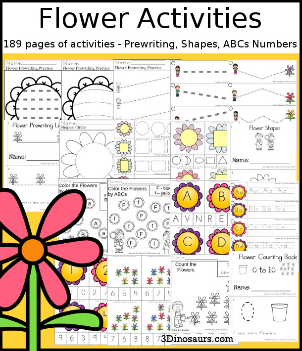 Flower Activities Pack with Prewriting, Shapes, ABCs, and Numbers - 191 pages of activities with no-prep pages, clip cards and tracing strips to help with learning skills. A great addition to any flower activity or theme. - 3Dinosaurs.com