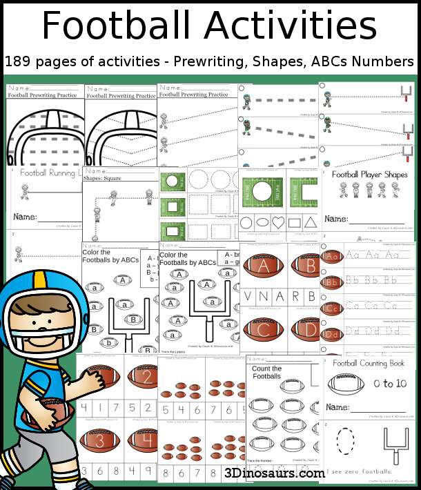Football Activities Pack with Prewriting, Shapes, ABCs, and Numbers - 191 pages of activities with no-prep pages, clip cards and tracing strips to help with learning skills. A great addition to any Football Activity or theme. - 3Dinosaurs.com