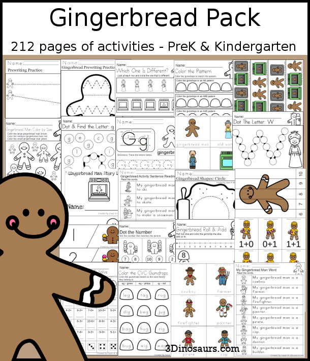 Gingerbread Packs for PreK & Kindergarten - 212 pages of activities around a Gingerbread Man Story theme. There is a mix of hands-on and no-prep printables for kids to learn with ABCs, numbers, shapes, prewriting, CVC, addition, subtraction and more- 3Dinosaurs.com